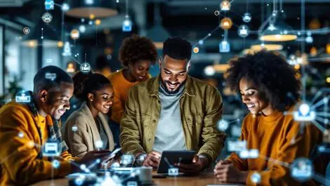 Diverse small business owners us digital devices financial connections abstract flowing lines