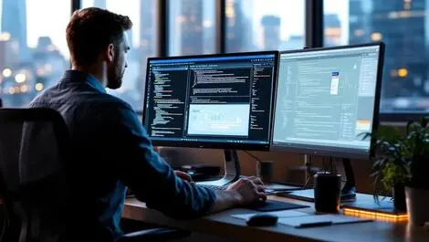 Software developer modern san francisco office computer ui data streams database elements city view