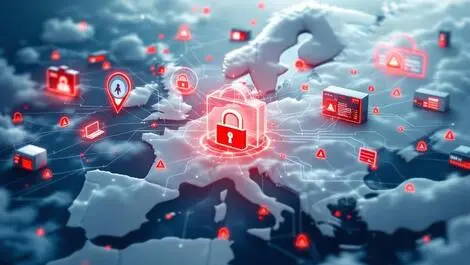 Complex cloud network interconnected servers data streams security threats european map