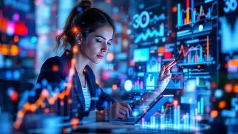 Modern american businesswoman digital marketing data graphs ai predictive analytics