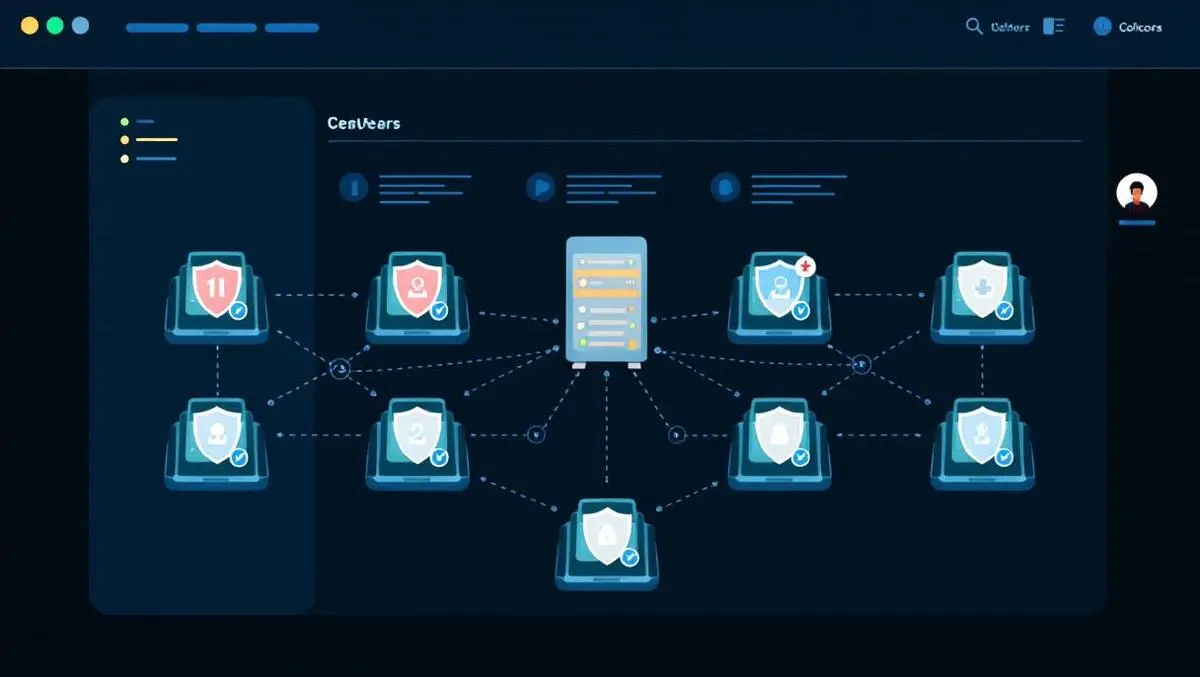 Computer dashboard interconnected servers security shields network connections monitoring