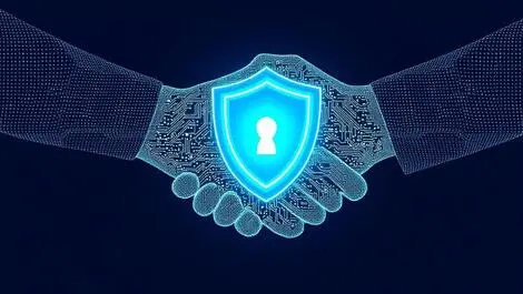 Two handshake silhouettes with digital shield symbolizing cybersecurity partnership