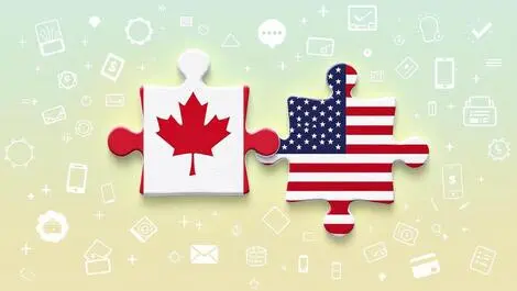 Interlocking puzzle canadian us flags digital wallet payment icons