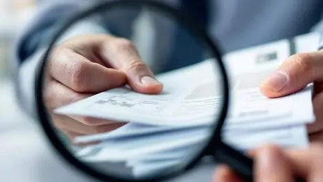 Close up hand holding paper documents magnifying glass security inspection