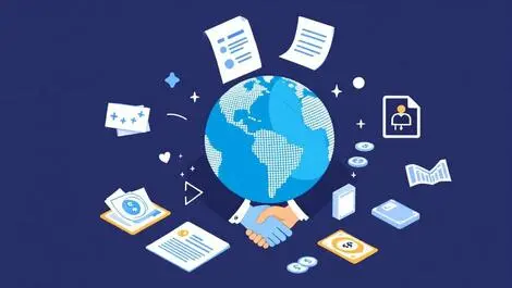 Globe with handshakes documents currency icons international contracts