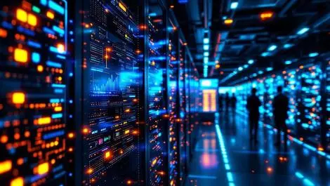 Realistic photo servers ai hardware modern data center glowing lights