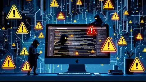 Realistic computer open web browser digital warning hacker figures cyber risk