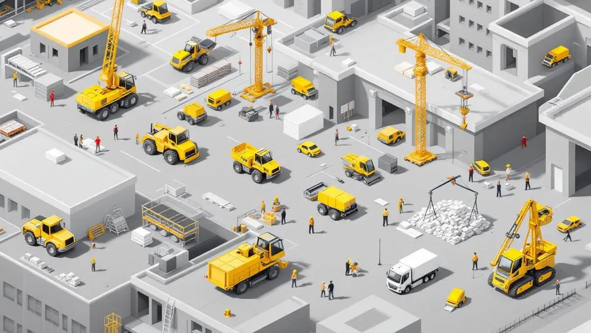 Busy construction site with yellow machines cranes and workers coordinating tasks