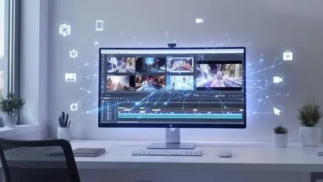 Computer screen multiple video frames ai video editing tools modern workspace