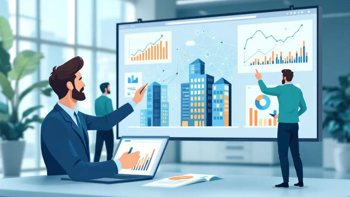 Business professionals analyzing charts graphs growth technology proposal management