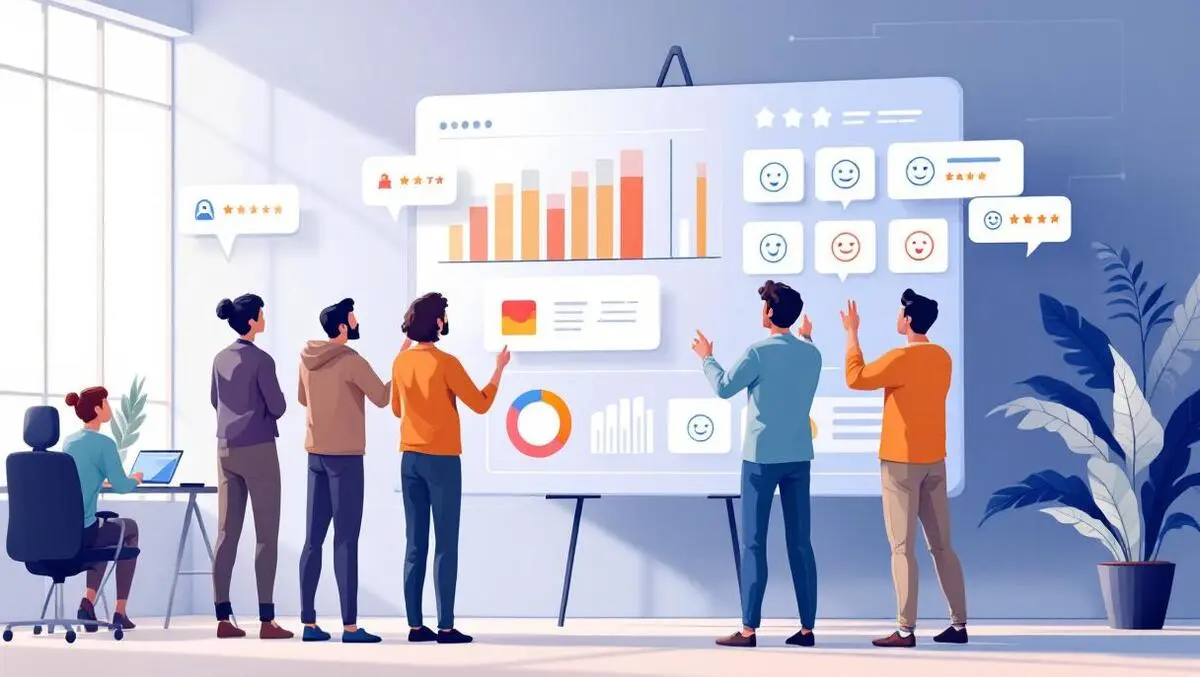 Team product designers analyzing digital dashboard charts user feedback