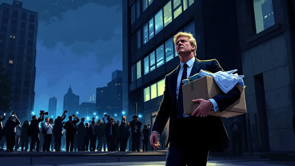 Businessman leaving office building night carrying box personal items crowd camera flashes