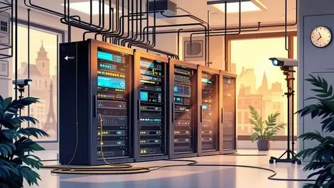 Secure server room network cables equipment guarded access surveillance modern office french architecture