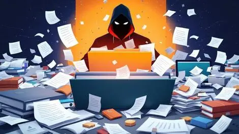 Realistic scattered paper documents digital files overflowing from folders devices cybercrime threats