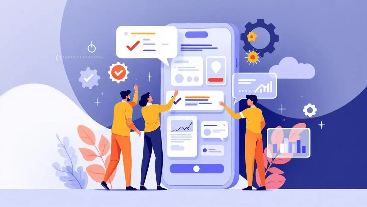 Engineers collaborating around smartphone with app interface automated testing