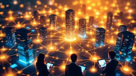 Network of office buildings connected by glowing lines business professionals analyzing charts digital tablets symbolizing ai global resource management
