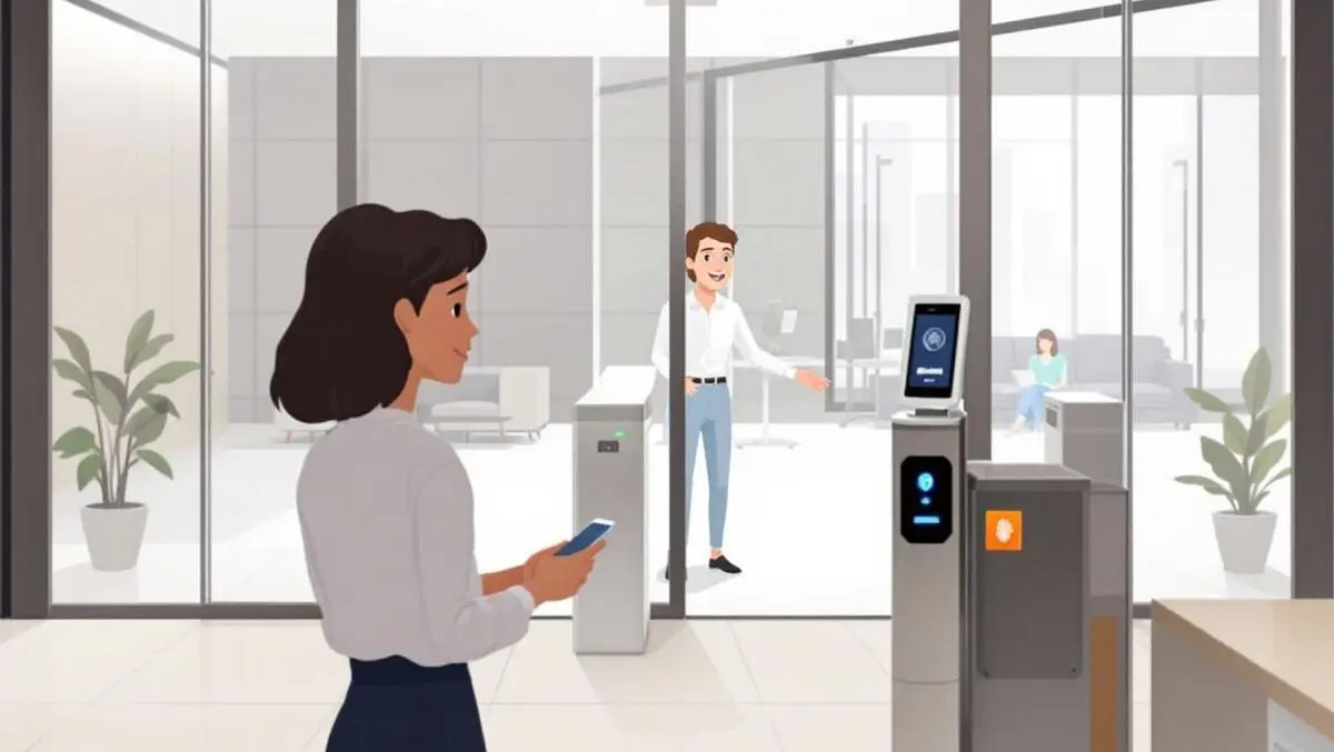 Realistic modern security turnstile with facial recognition and fingerprint scanner office entrance