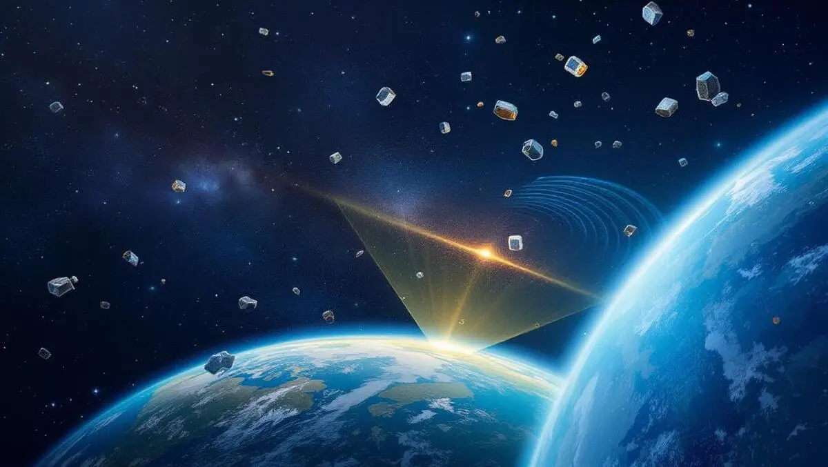 Earth radar system tracking orbiting space debris emitting waves upward