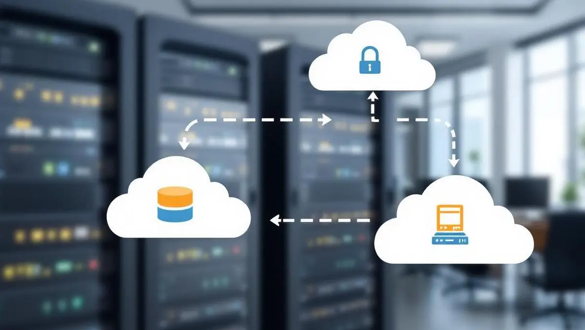 Interconnected server racks cloud icons data replication modern office environment