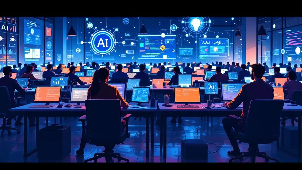 Large group software developers coding with ai symbols in modern office