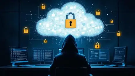 Hooded figure dark room computer monitors digital cloud lock icons cybersecurity