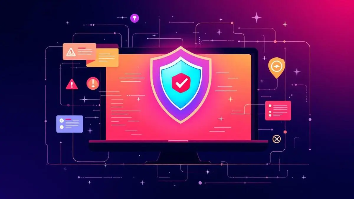 Computer with shield digital code alert icons advanced cyber defenses testing online threats