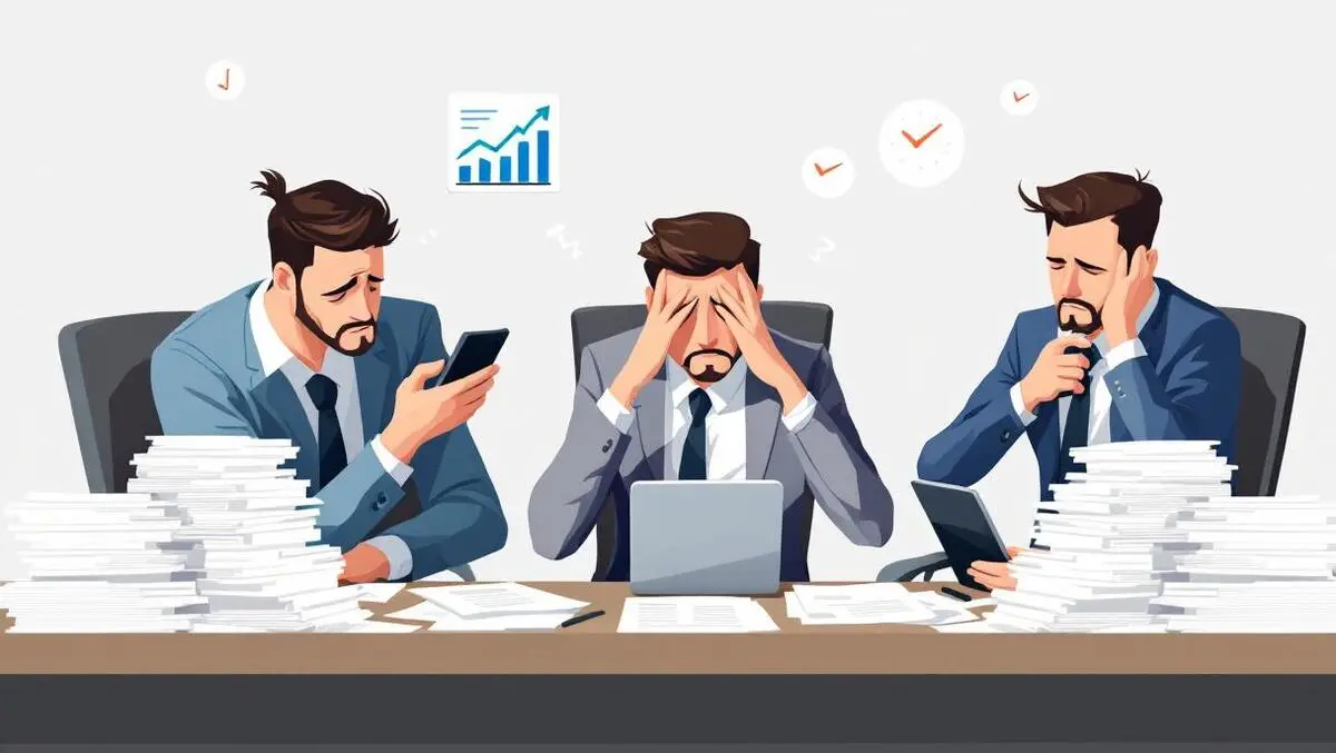 Realistic stressed business professionals smartphones tablets paperwork financial industry pressures