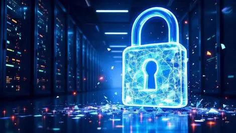 Digital illustration server room lock shattering abstract computational power