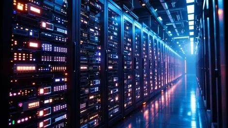 Realistic modern data center interior glowing server racks memory modules