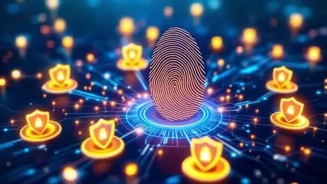 Digital fingerprint glowing security shields network nodes identity security growth