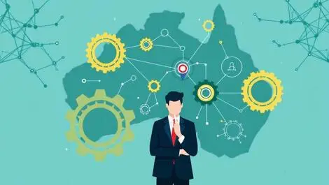 Thoughtful australian businessperson with gears data connections ai uncertainty