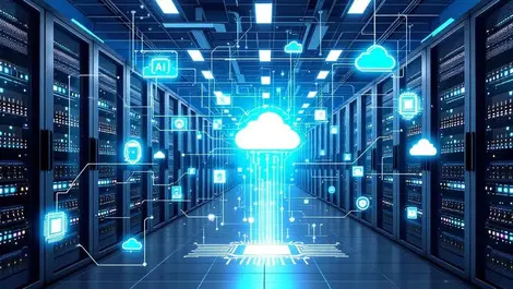 Modern data center interior rows servers ai chip graphics secure high tech env