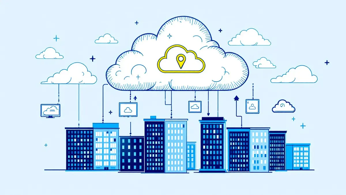 Virtual desktop infrastructure cloud services enterprise office buildings illustration