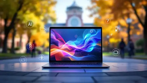 Realistic open modern laptop vibrant graphics ai battery oled icons college campus