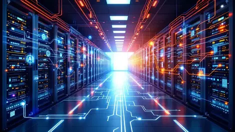 Modern it data center mainframe computers ai neural network cables servers