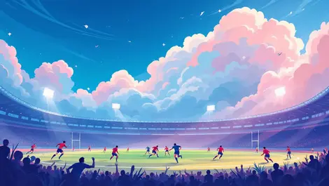 Dynamic rugby match players in action abstract cloud technology supporting sports