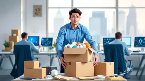 Worried professional packing box colleagues ai interfaces modern office