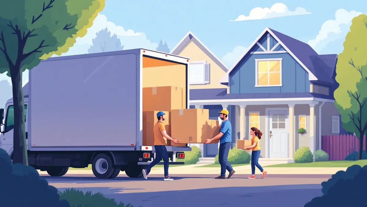 Realistic delivery truck unloading large boxed item us suburban home family porch
