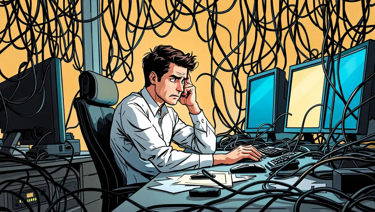 Frustrated it professional network cables tangled computer desk office