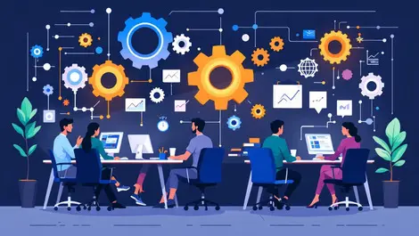 Office workers collaborating with automation gears modern nz au workspace