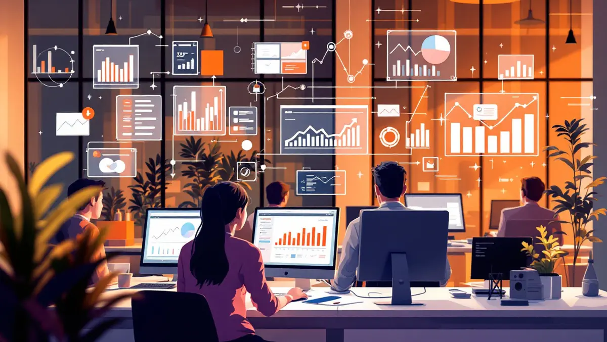 Modern office employees working computers digital charts data analysis