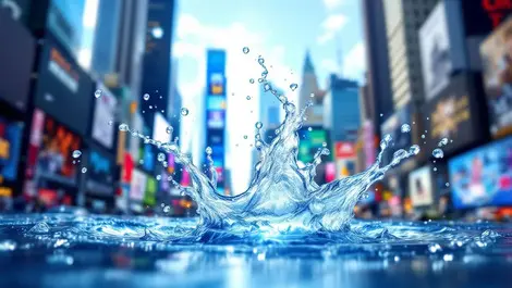Realistic clear water droplet splash times square skyline daylight clean water urban
