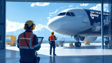 Air new zealand maintenance engineers inspecting aircraft with digital tablets in hangar with new zealand landscape