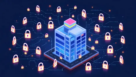 Australian office building digital padlocks binary code cybersecurity