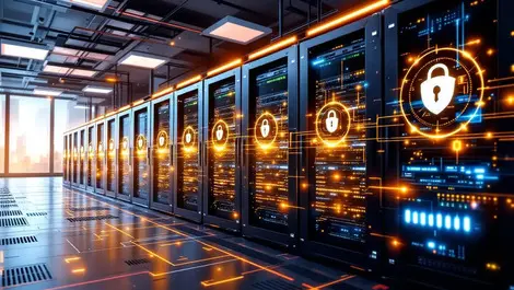 Modern server room sleek computer racks glowing hardware digital shields security