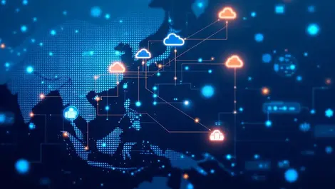 Interconnected cloud icons digital nodes asia pacific ai technology integration