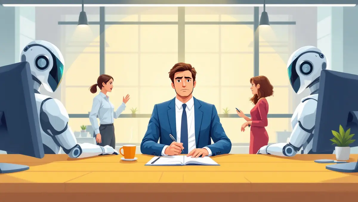 Modern office environment professionals anxious interacting robotic assistants cautious atmosphere barriers human ai