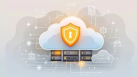 Modern cloud data center secure digital vaults shield icons cloud storage
