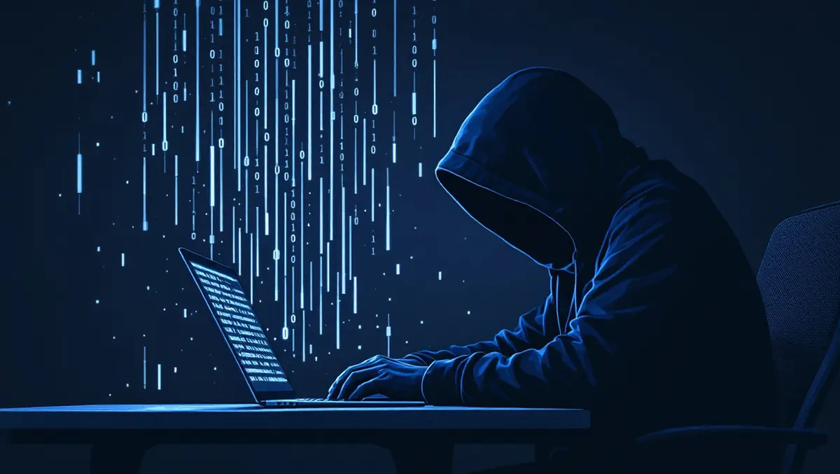 Realistic hooded figure dark room laptop binary code data theft cyber threats