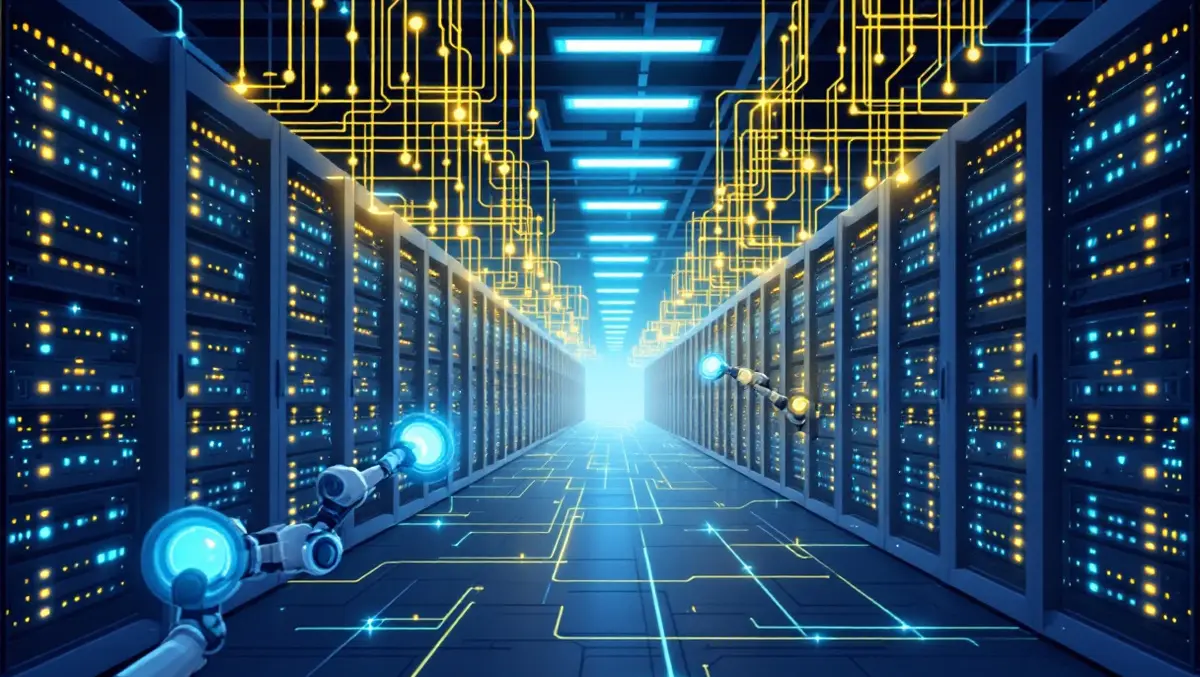 Modern data center server racks robotic arms ai integration tech growth